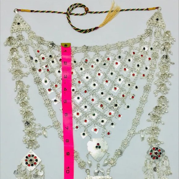 Massive Silver Kuchi Bib Necklace, Tribal Bib Necklace With Dangling Tassels - Picture 3 of 9
